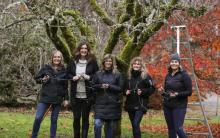 Five women hold Christmas lights at Milner Gardens with a ladder behind them